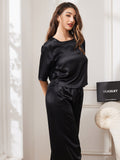 SilkSilky US Pure Silk Half Sleeve Round Neck Women's Pajamas Black 003