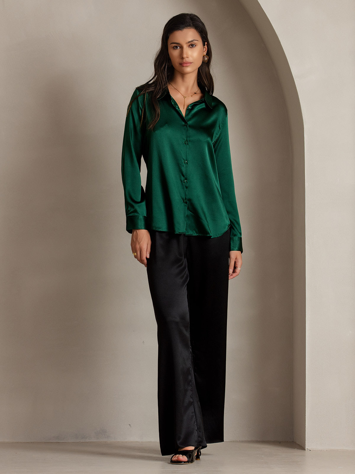 SilkSilky US Silk Blend Long Sleeve Collar Women's Shirt DarkGreen 005