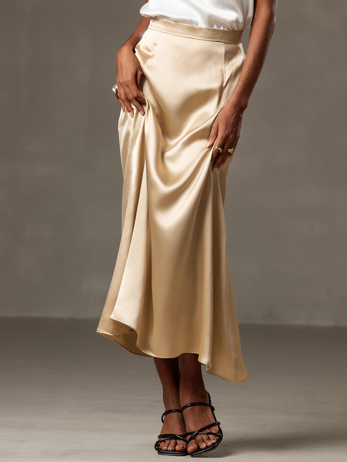 SilkSilky US 19Momme Silk Blend Skirt Champagne 002