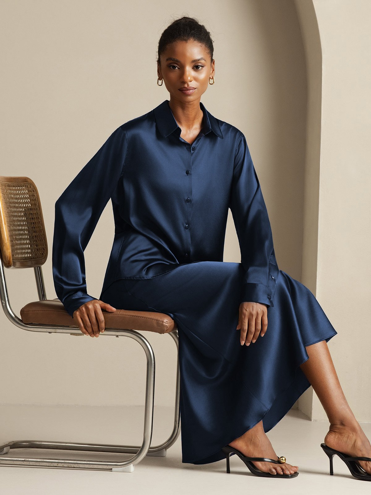 [Dark Blue] SilkSilky  19Momme Silk Lapel Collar Women''s Outfit Sets 001,