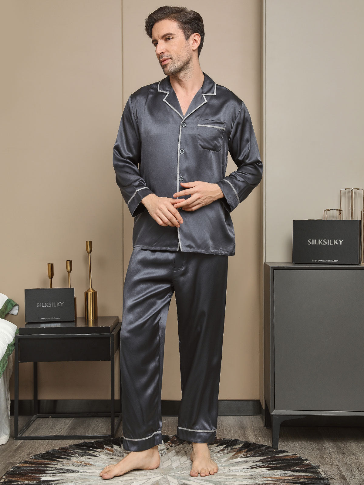 SilkSilky  19Momme Pure Silk Long Sleeve Lapel Men's Pajamas DarkGray 001