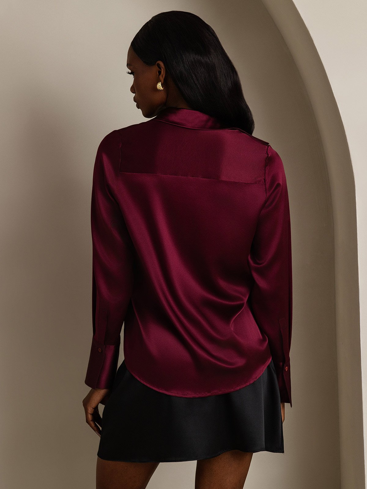 SilkSilky 19Momme Silk Long Sleeve Collar Women's Shirt DarkRed 002