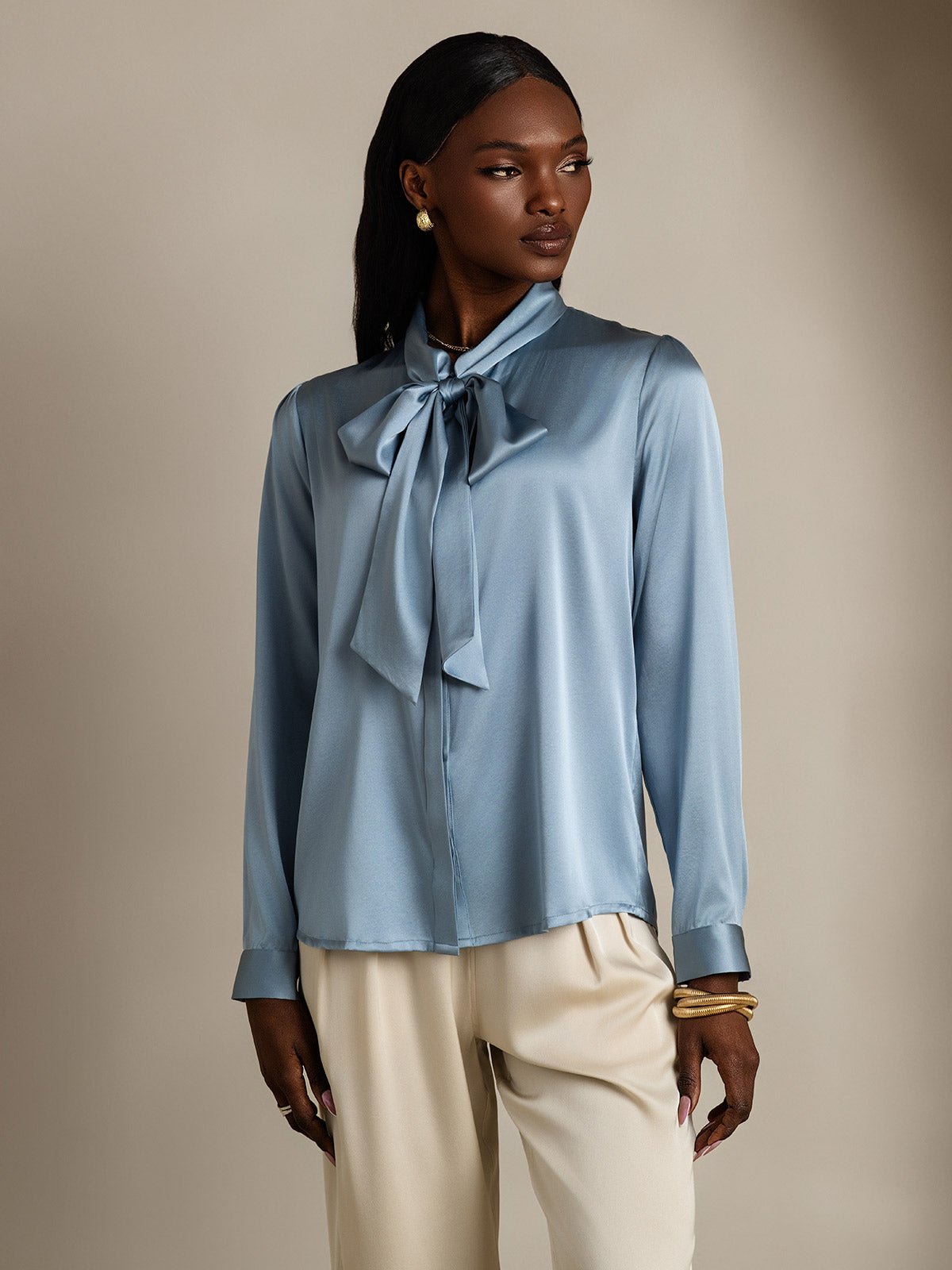 [Grayish Blue] SilkSilky 19Momme Silk Long Sleeve Tie Neck Women's Shirt 006