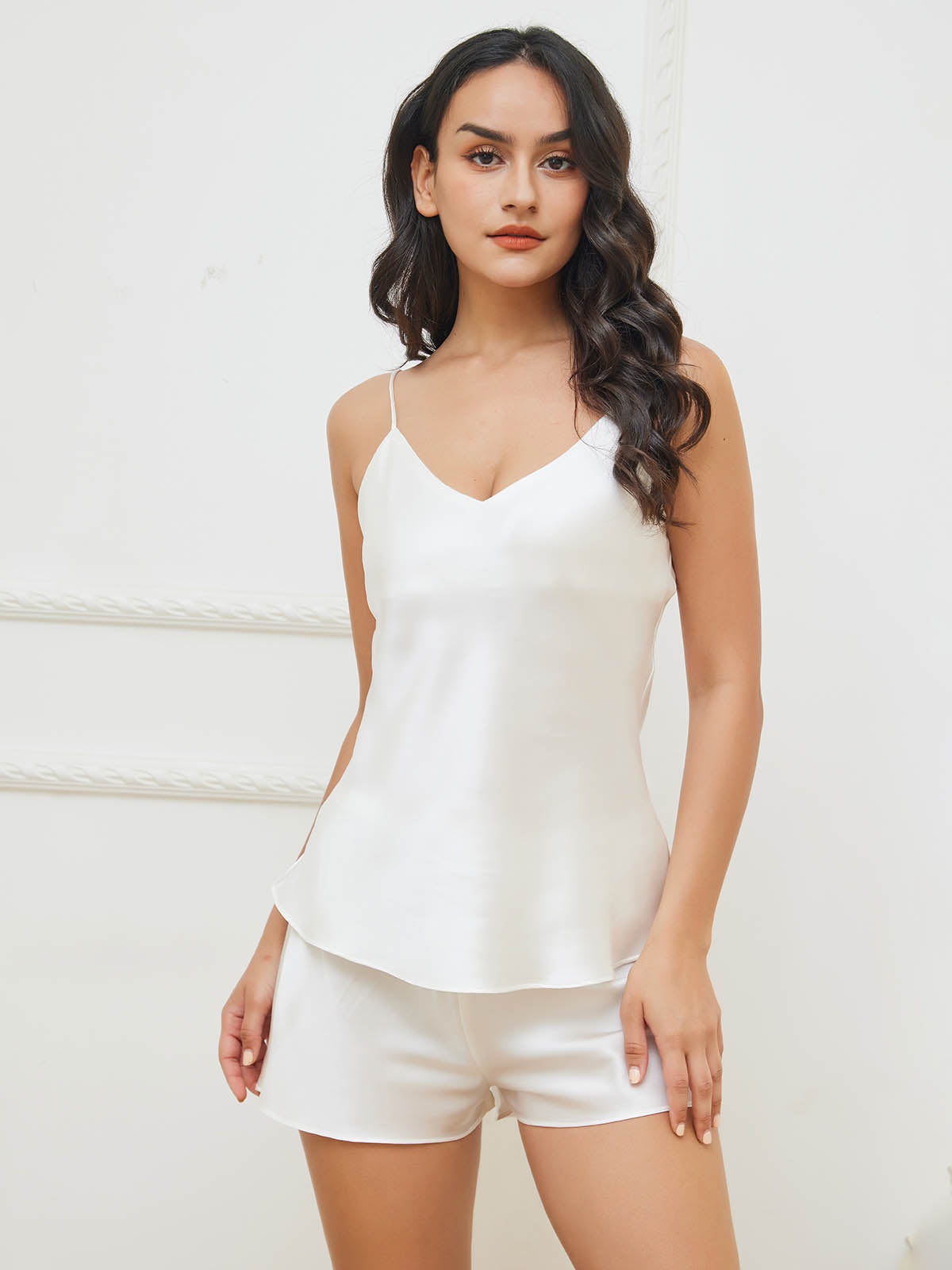 SilkSilky  Pure Silk Sleeveless V Neck Camisole Set White 002