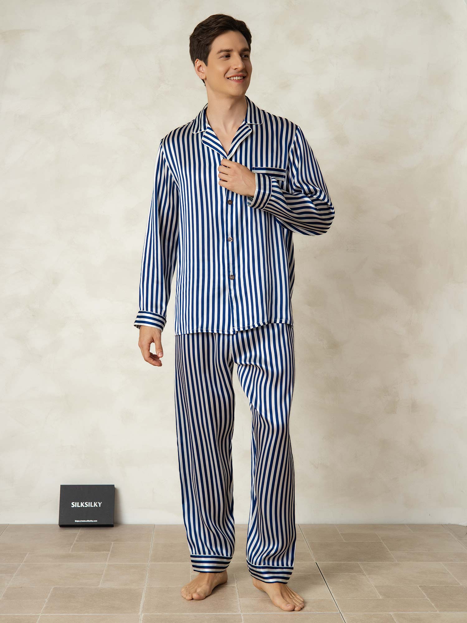 [Navy Stripe] SilkSilky  19Momme Pure Silk Mens Pajamas 007
