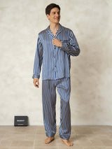 [Navy Stripe] SilkSilky  19Momme Pure Silk Mens Pajamas 007,