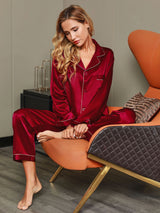 [Wine] SilkSilky  Long Sleeve Notch Collar Women's Pajamas 008