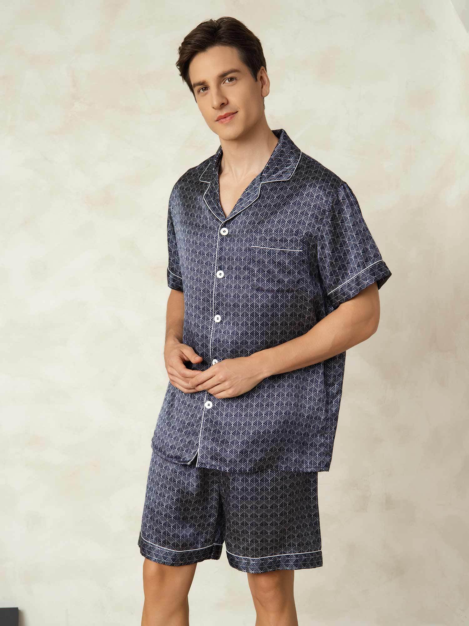 [NavyGinkgo] SilkSilky Pure Silk Lapel Collar Men's Pajamas 003