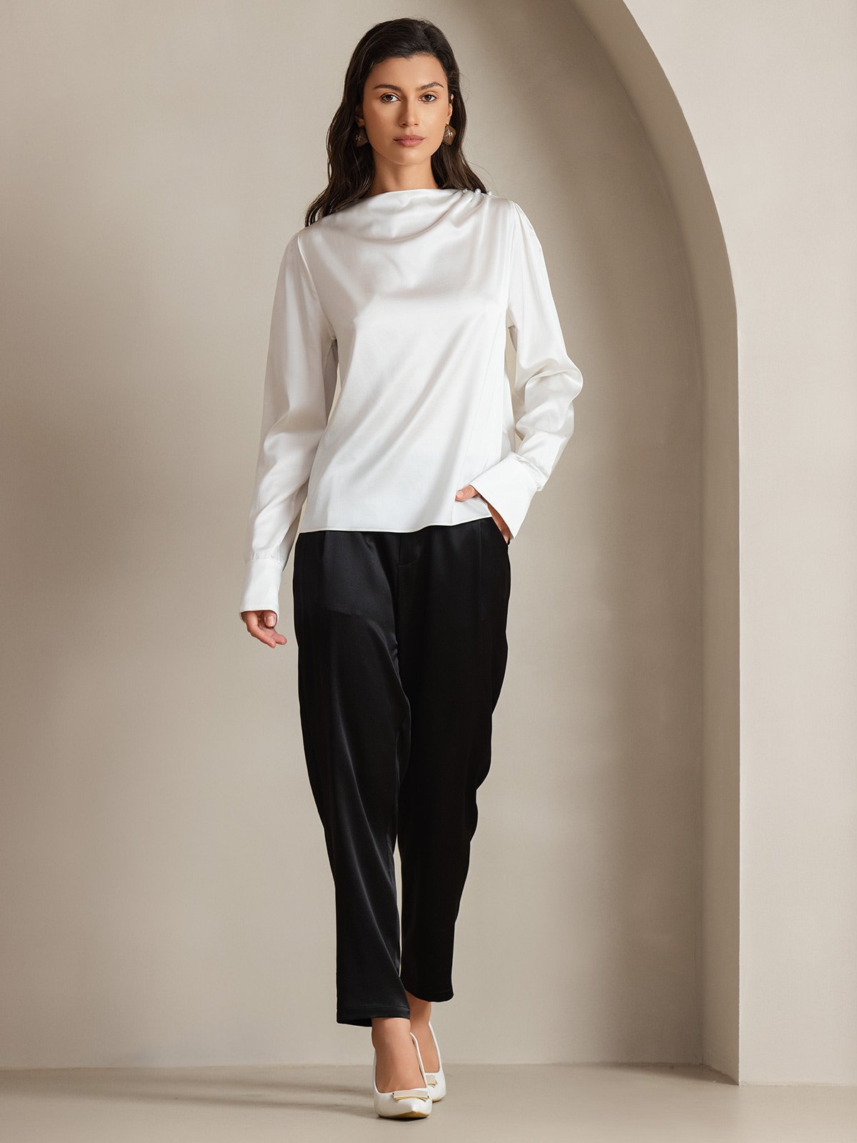 [White] SilkSilky  19Momme Silk Boat Neck Women's Shirt 007