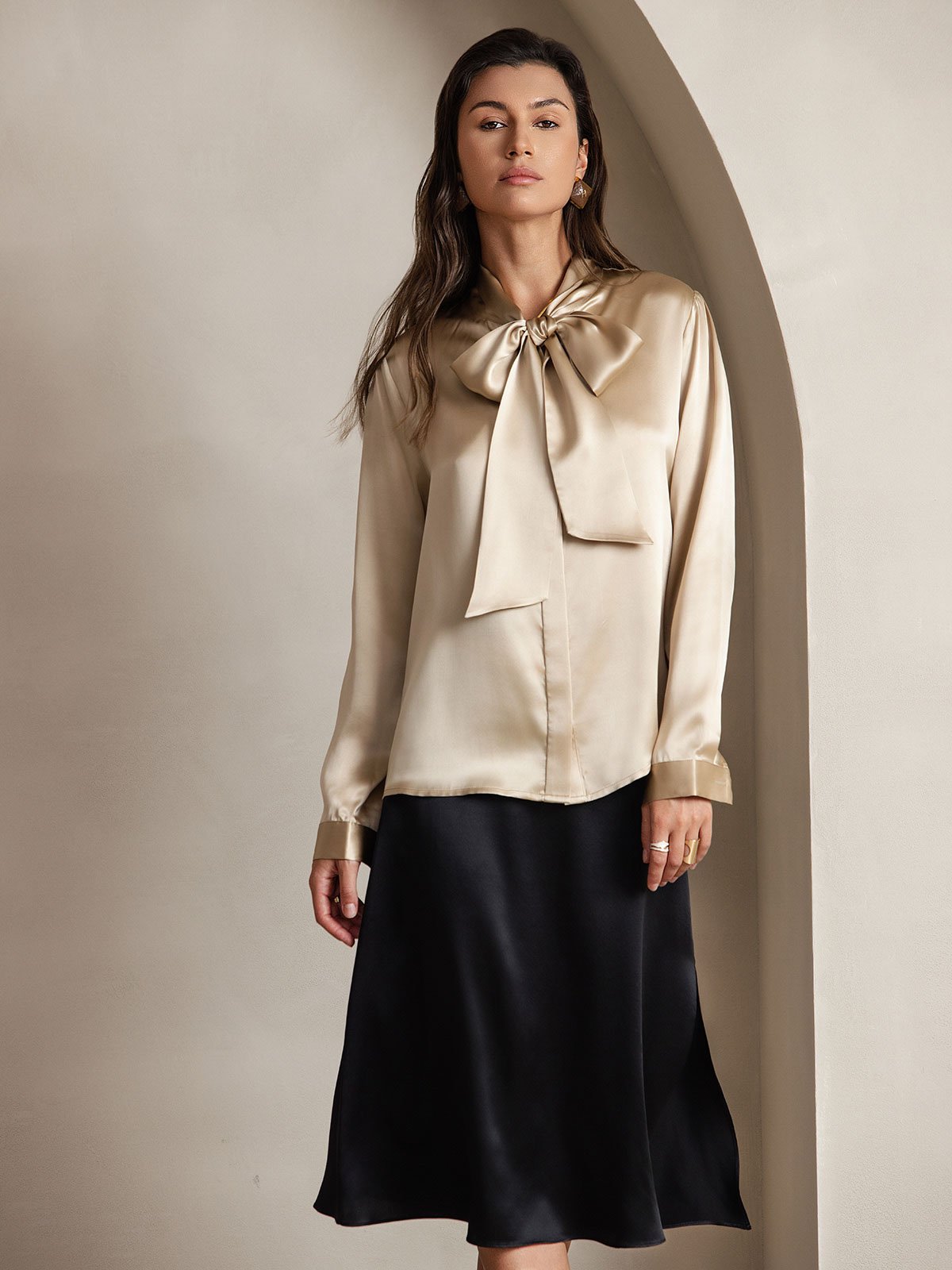 [Champagne] SilkSilky 19Momme Silk Long Sleeve Tie Neck Women's Shirt 001