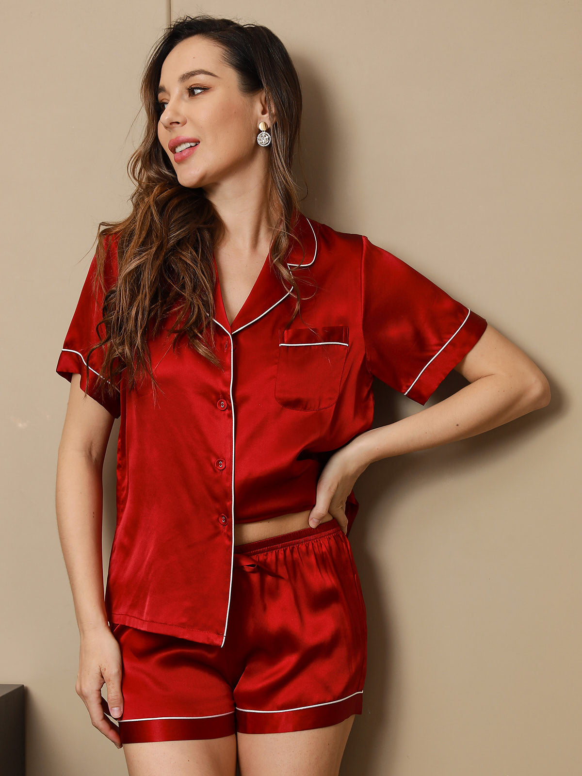 SilkSilky  Pure Silk Short Sleeve Lapel Women's Pajamas Wine 005