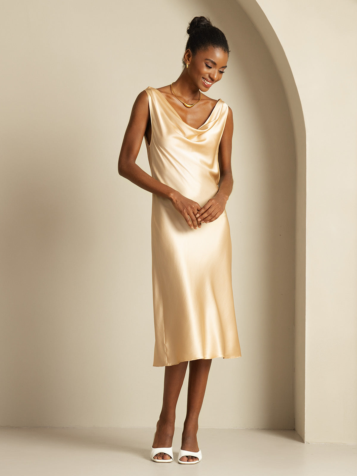 [Champagne] SilkSilky  19Momme Silk Cowl Neck Dress 008