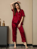 SilkSilky US Pure Silk Short Sleeve Lapel Women's Pajamas Wine 005