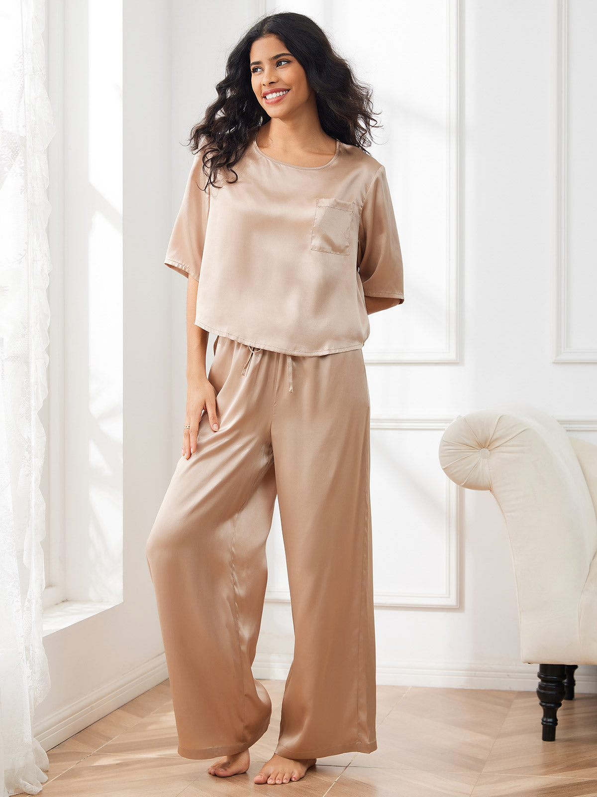 SilkSilky US Pure Silk Half Sleeve Round Neck Women's Pajamas Champagne 006