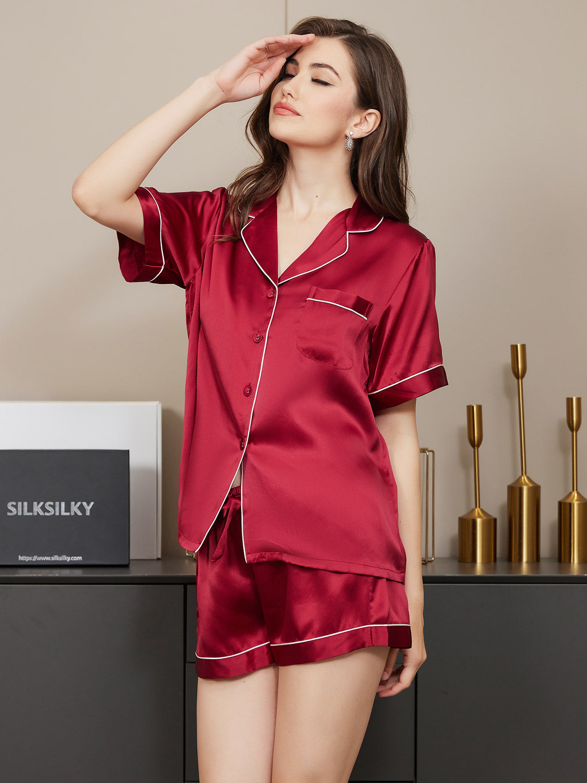 SilkSilky  Pure Silk Short Sleeve Lapel Women's Pajamas Wine 004