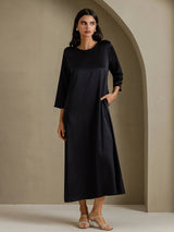 [Black] SilkSilky 3/4 Sleeve Round Neck Dress 001