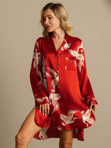 [Dark Red] SilkSilky  19Momme Long Sleeve Notch Collar Nightshirt 005