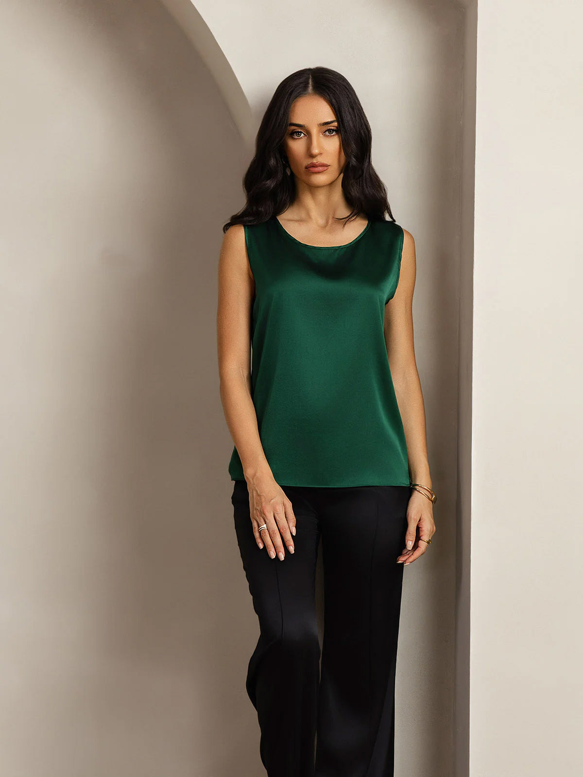 [Dark Green] SilkSilky  19Momme Silk Round Neck Camisole Top 003