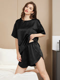 SilkSilky  Pure Silk Short Sleeve Round Neck Women's Pajamas Black 003