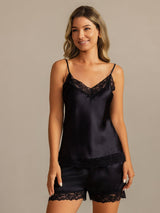 [Black] SilkSilky Spaghetti Strap V Neck Camisole Set 003