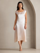 [Pink] SilkSilky  19Momme Stretch Silk Charmeuse Cap Sleeve Scoop Neck Dress 001