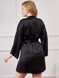 SilkSilky  Pure Silk Long Sleeve Deep V Neck Plus Size Robe Black 002