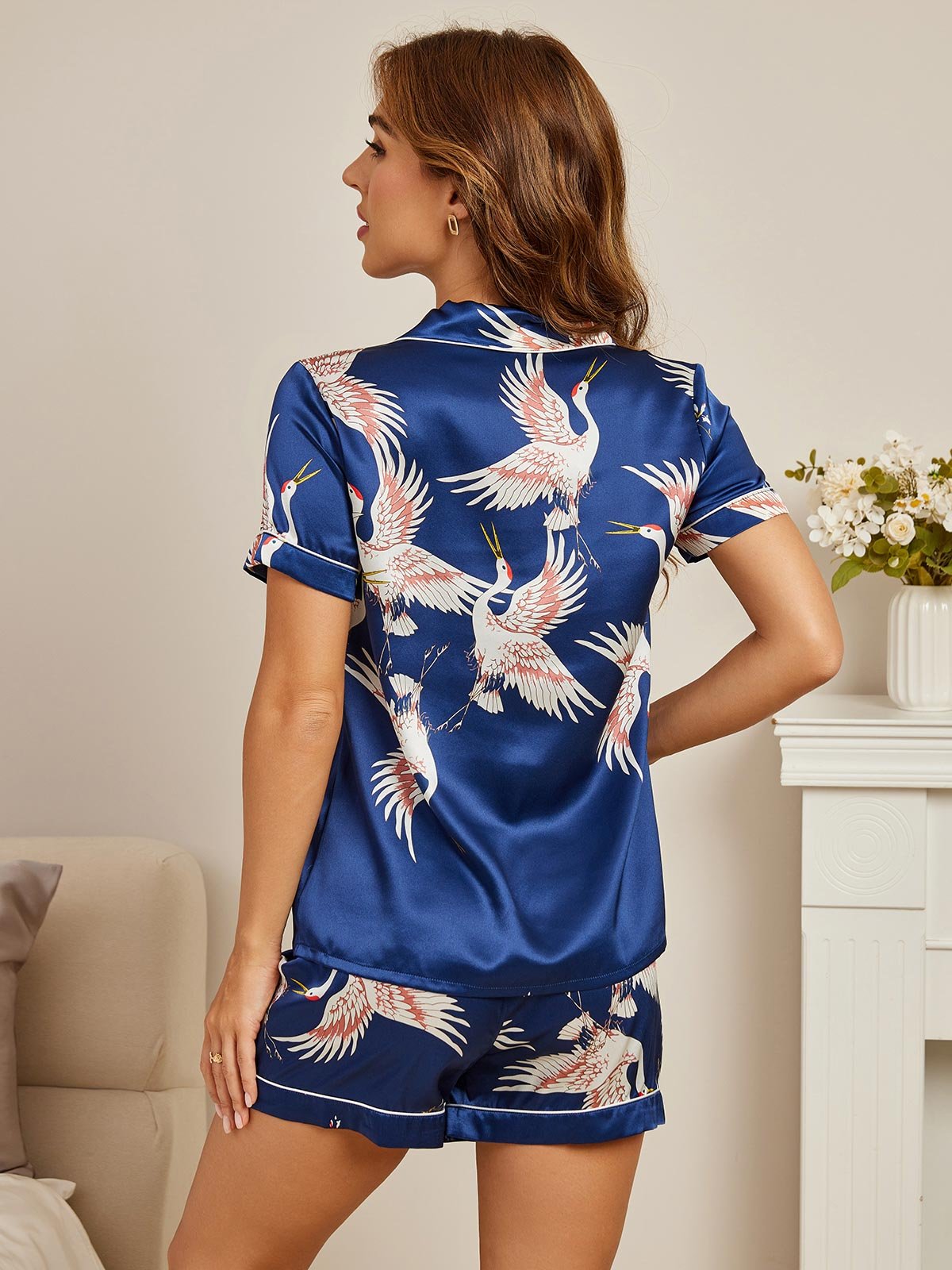 19Momme 100% Mulberry Silk Crane Print Short Sleeve Notch Collar Women's Pajamas Set