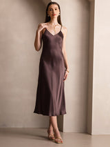 [Coffee] SilkSilky  Pure Silk Spaghetti Strap V Neck Dress 005