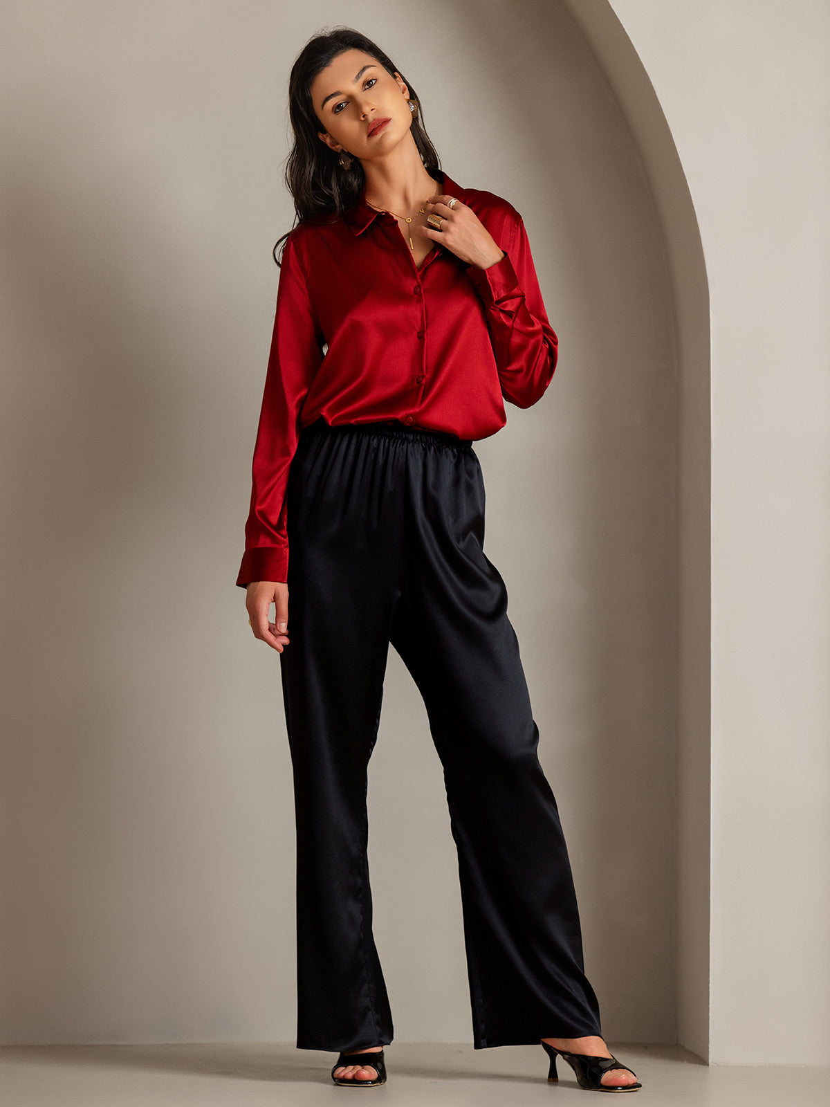 [Red] SilkSilky  Silk Lapel Collar Women's Shirt 005