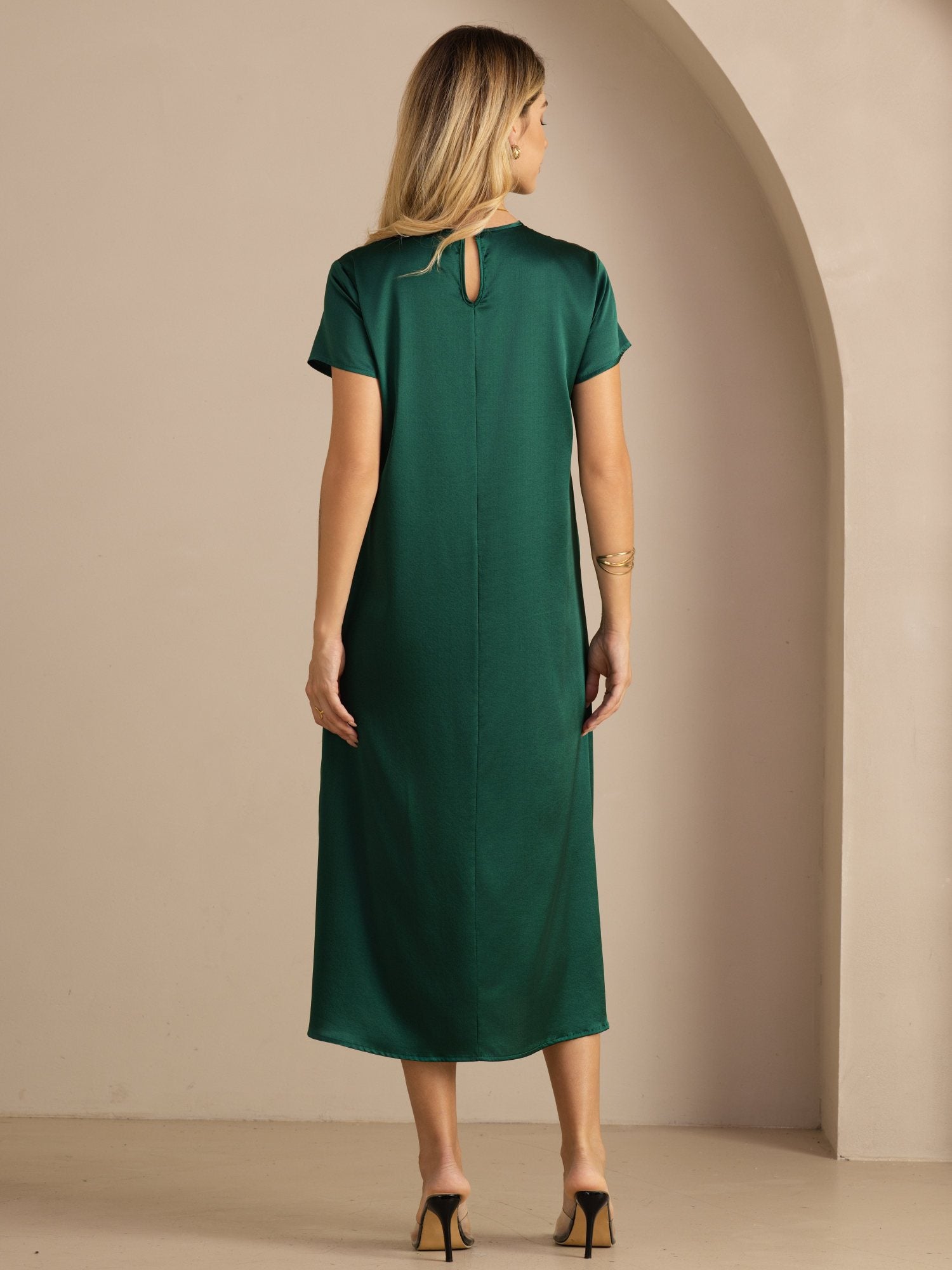 [Dark Green] SilkSilky Short Sleeve Round Neck Dress 002