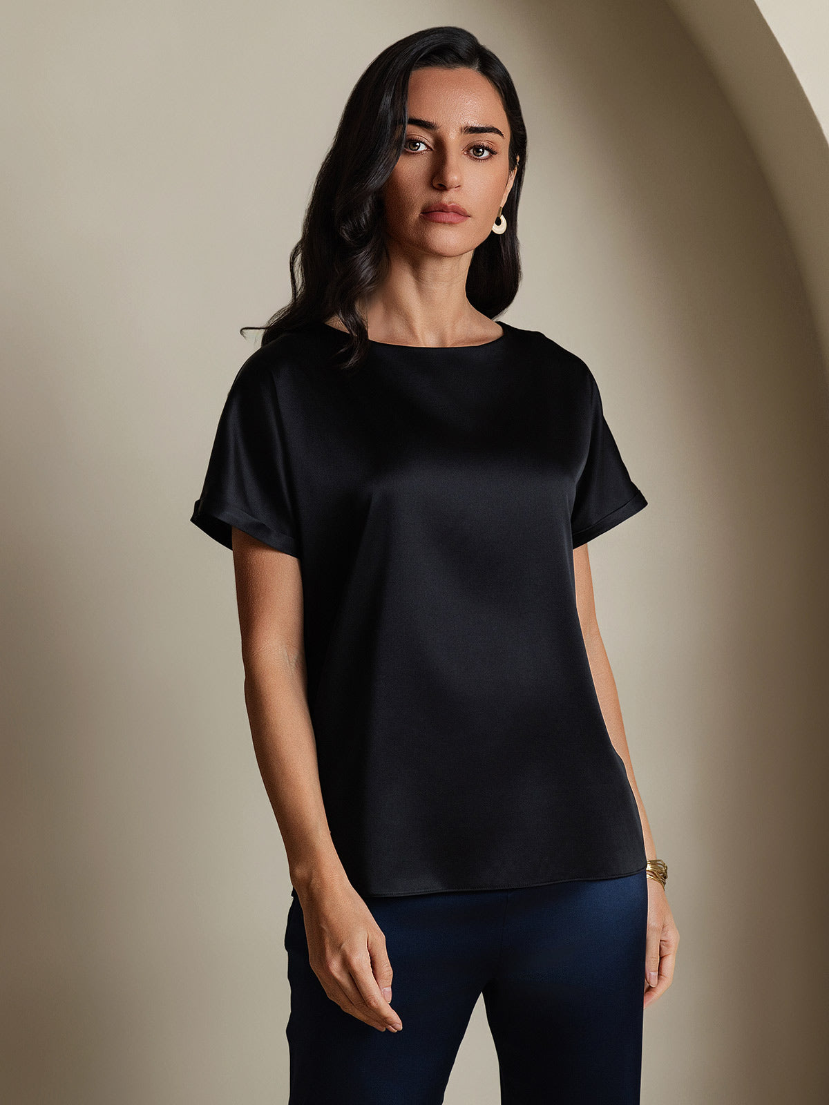 [Black] SilkSilky  19Momme Silk Round Neck Women's T-Shirt 001