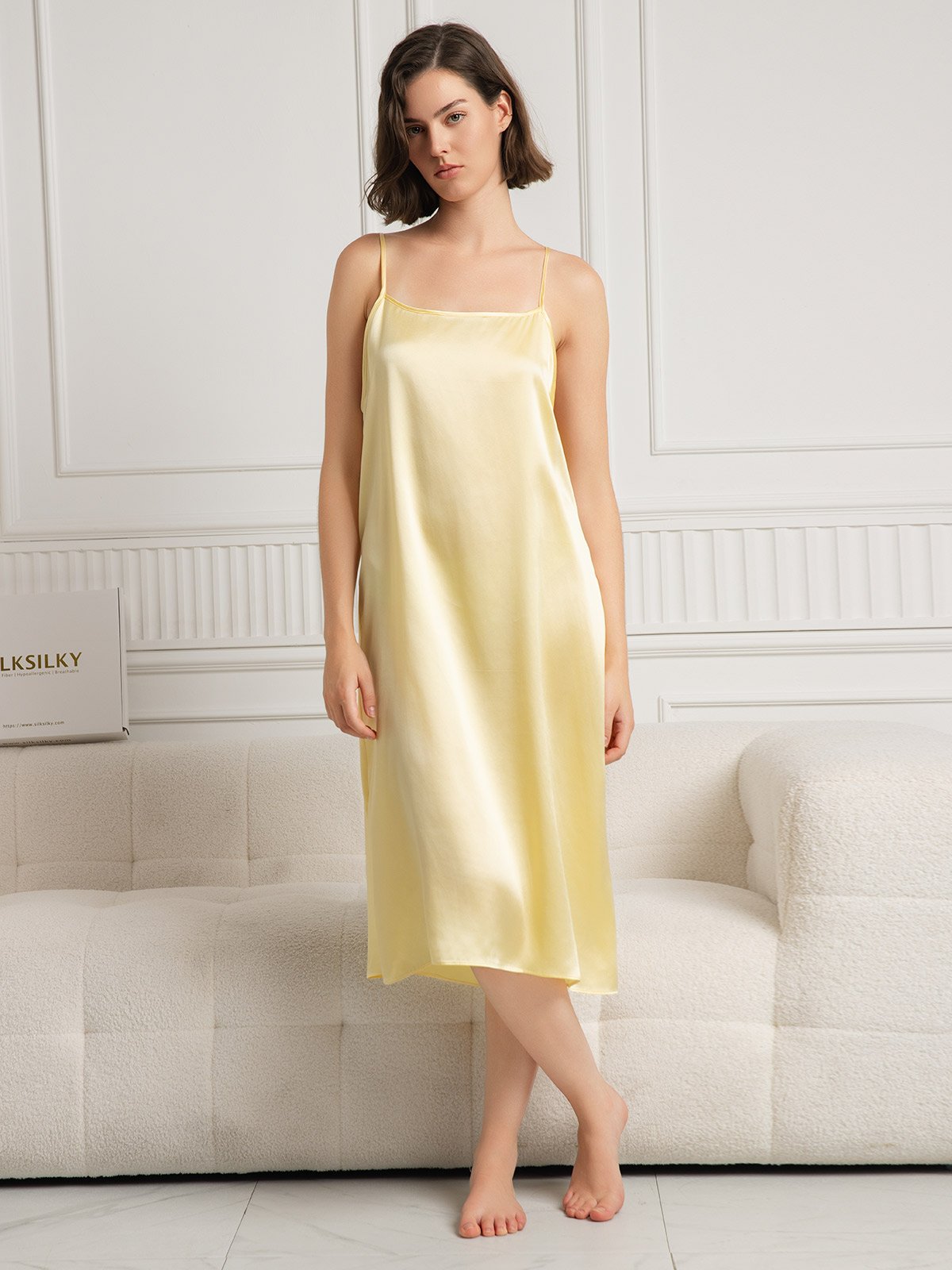 [Light Yellow] SilkSilky 19Momme Silk Sleeveless Dress 001