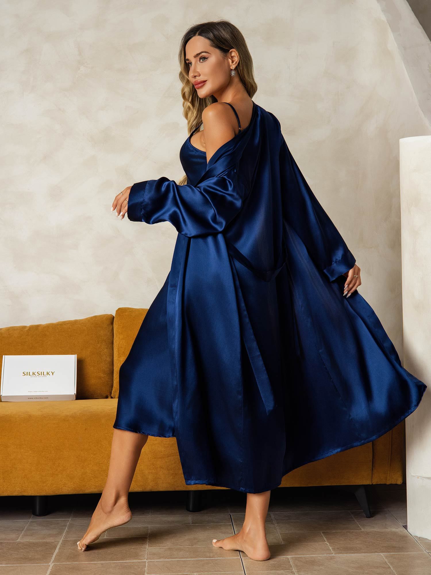 [DarkBlue] SilkSilky Pure Silk Wrap Nightgown&Robe Set 002