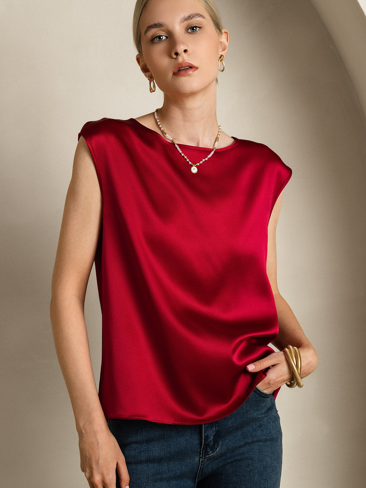 [Wine] SilkSilky  19Momme Silk Round Neck Women's T-Shirt 003