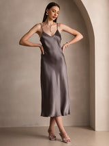 [Dark Khaki] SilkSilky  Pure Silk Spaghetti Strap V Neck Dress 001