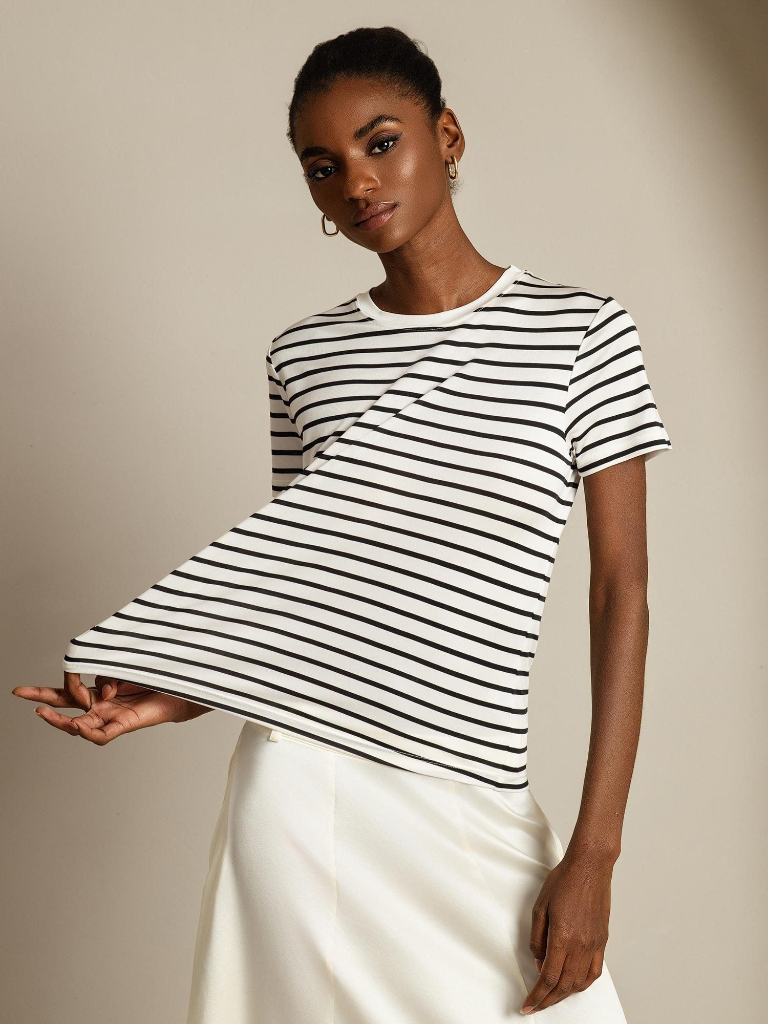 [WhiteStripe] SilkSilky Pure Silk Crew Women's T-Shirt 001