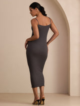 [Gray] SilkSilky Spaghetti Strap Square Neck Dress 002