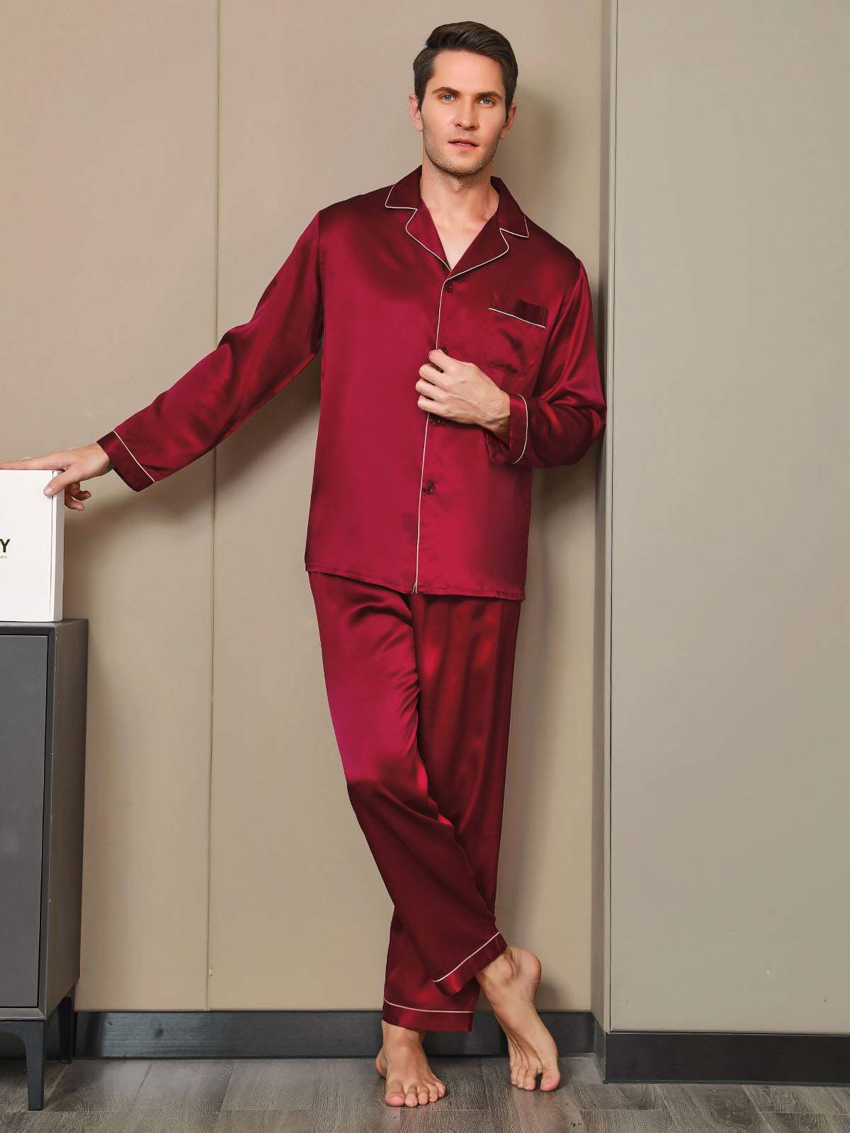 SilkSilky US Pure Silk Long Sleeve Lapel Men's Pajamas Wine 004