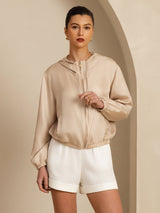[Tan] SilkSilky 18Momme Silk Satin Surah Long Sleeve Stand Collar Women's Outerwear 003