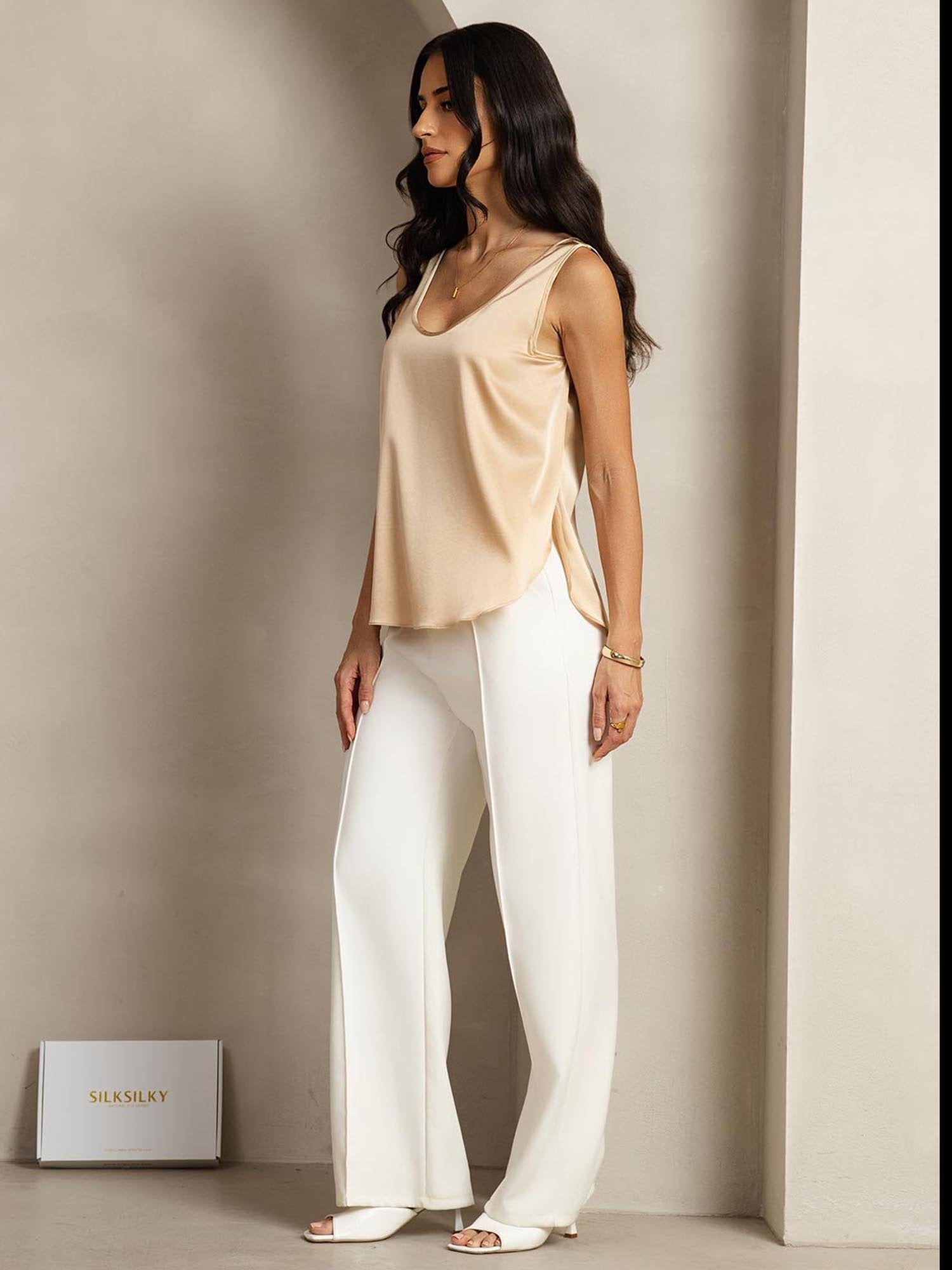 [Champagne] SilkSilky 19Momme Silk U Neck Women's T-Shirt 003