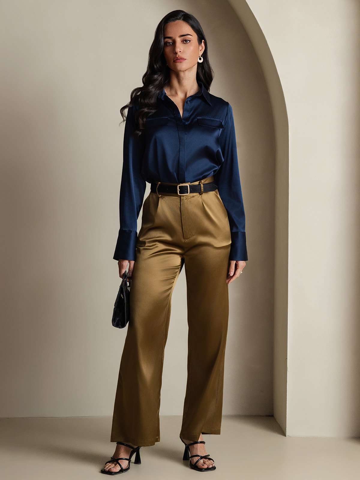 SilkSilky 19Momme Silk Long Sleeve Collar Women's Shirt DarkBlue 008
