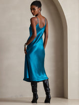 [Teal] SilkSilky  Pure Silk Spaghetti Strap V Neck Dress 002