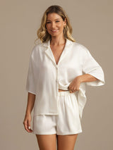 [White] SilkSilky  19Momme Machine-Washable Silk Half Sleeve Notch Collar Women's Pajamas 007