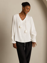[White] SilkSilky 19Momme Silk Long Sleeve V Neck Blouse 005