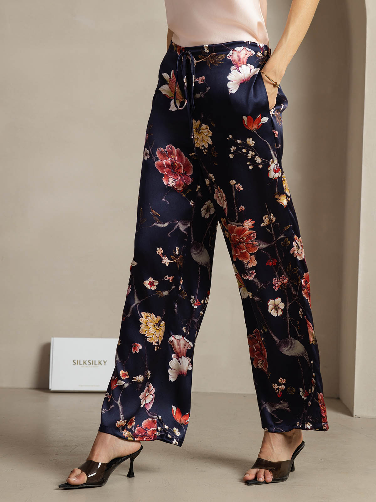[Navy Floral] SilkSilky  19Momme Silk Womens Pants 003