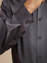 [Dark Gray] SilkSilky 19Momme Stretch Silk Charmeuse Long Sleeve Lapel Collar Men's Shirt 007