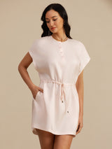 [Pink] SilkSilky 18Momme Silk Satin Surah Cap Sleeve Henley Neck Dress 003