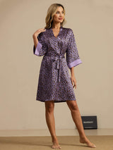 [Purple Leopard] SilkSilky  19Momme 3/4 Sleeve Women's Robe 007