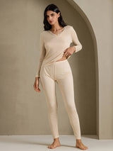 [Beige] SilkSilky  Long Sleeve V Neck Women's Long Johns 006