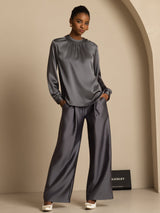 [Dark Gray] SilkSilky  19Momme Stretch Silk Charmeuse Long Sleeve Round Neck Blouse 003